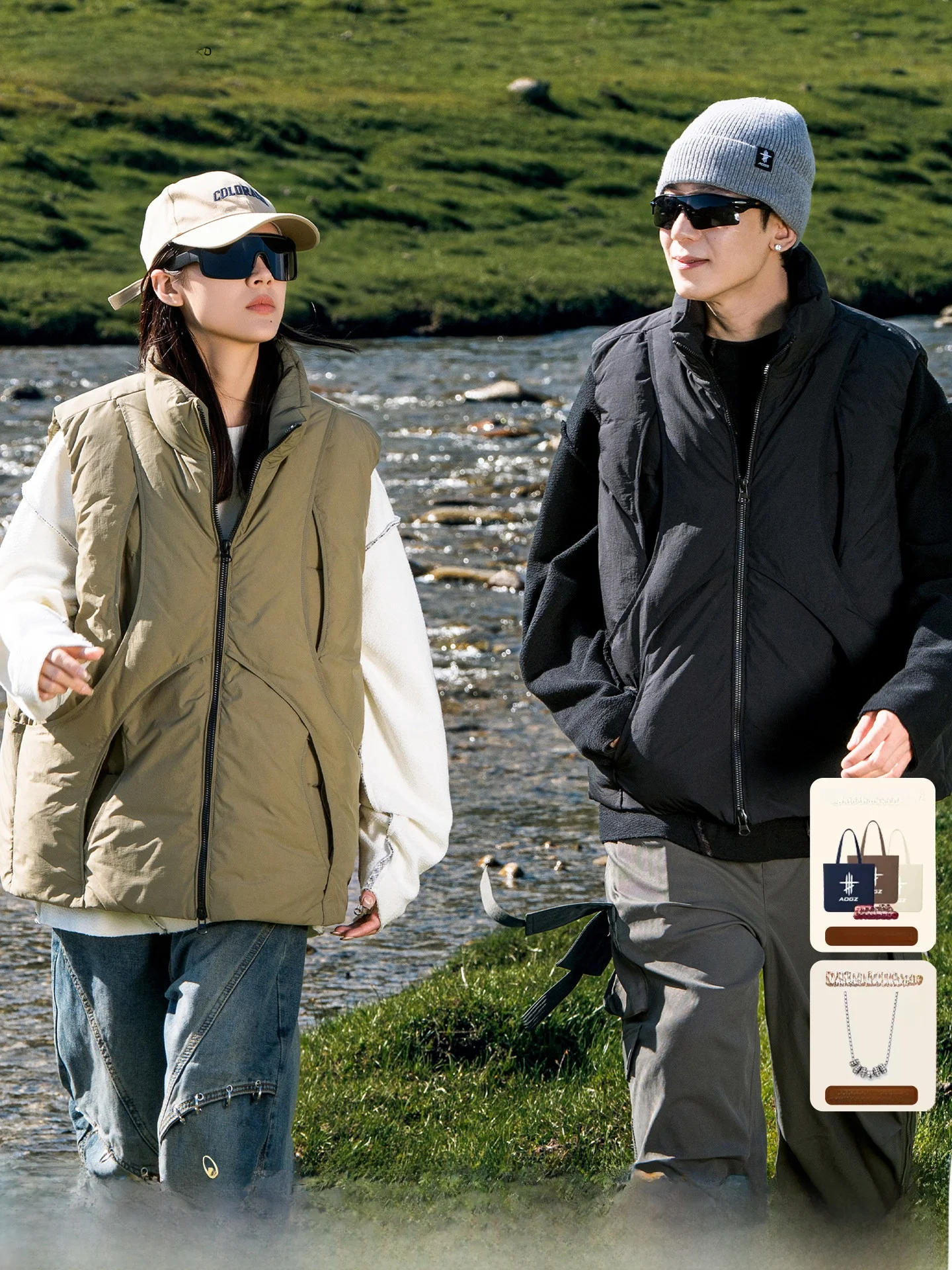 AOGZ Outdoor Hollow out Design Stand Collar Cotton Vest Unisex Autumn Winter Loose Warm Deconstructed Splicing Couple Jacket
