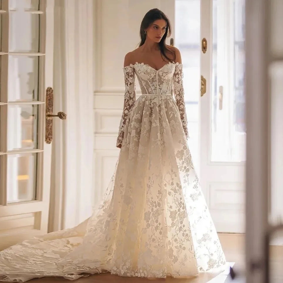 

Elegant Wedding Dress 2026 Off The Shoulder Lace Embroidery Long Sleeves A-Line Bridal Bride Gown Vestido de Noiva Robe Mariage