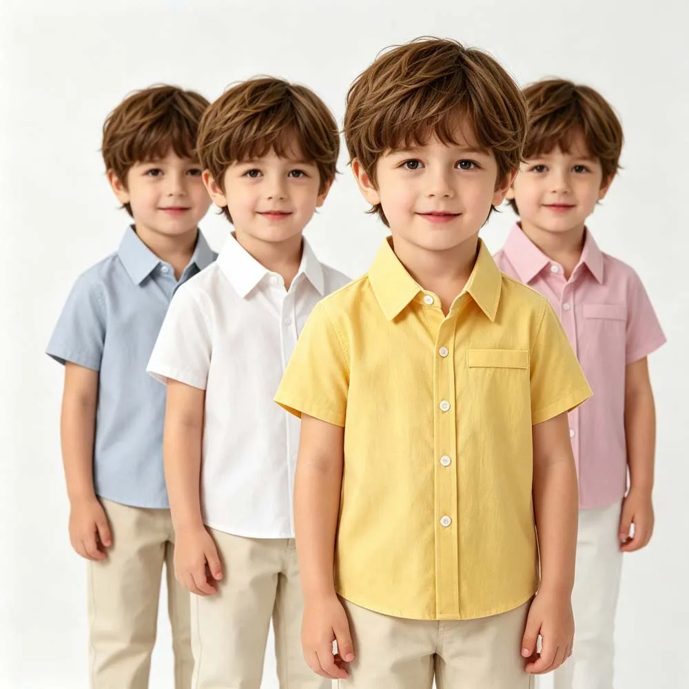 Cotton Boys Solid Short Sleeve Shirt Turn‑down Collar With Chest Pocket Kids Casual Summer Button‑Up Tops Children Clothes 2‑7Y