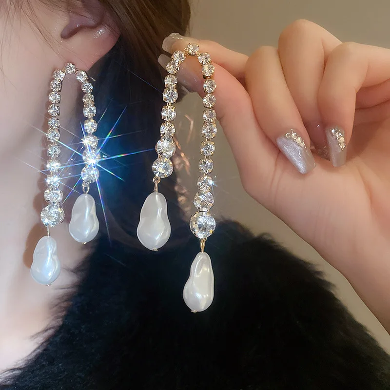 Long Irregular Pearl Crystal Tassel Dangle Earrings