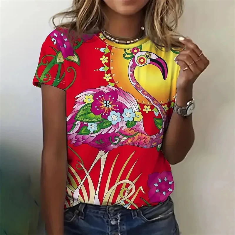 Flamingo Pattern Print Tee Shirts Fashion Ladies Street Hip Hop Casual Short Sleeve Female Clothing y2k Tops Summer T-shirt Tees