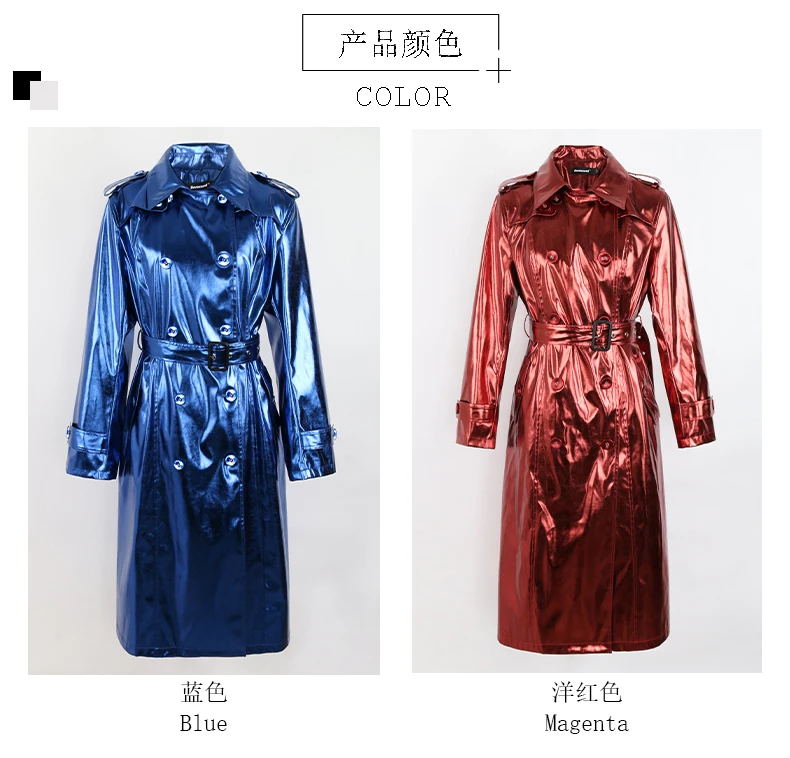 Nerazzurri Spring Autumn Long Shiny Reflective Patent Leather Trench Coat for Women Sashes Double Breasted European Fashion 2022