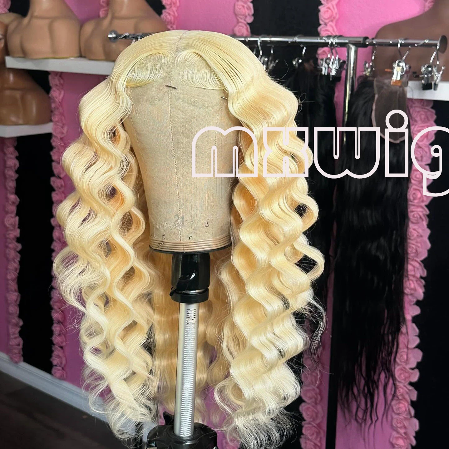 MXWIG Synthetic Hair Blonde 613 Loose Deep Wave Glueless 13X4 Lace Front Wig For Black Women Preplucked  Daily Fiber Cosplay