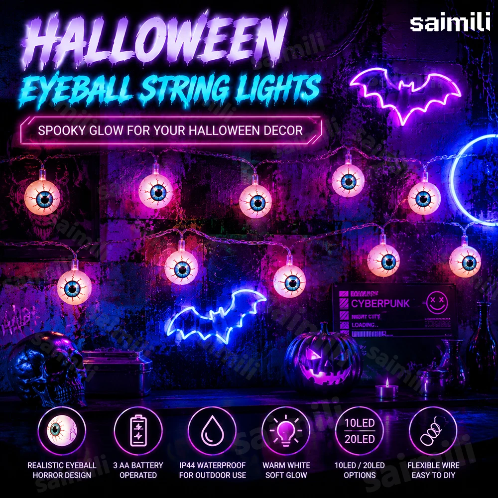 Halloween Eyeball Shape LED String Lights Creepy Glow Battery Operated For Outdoor Home Holiday Party Haunted House Decor Prop