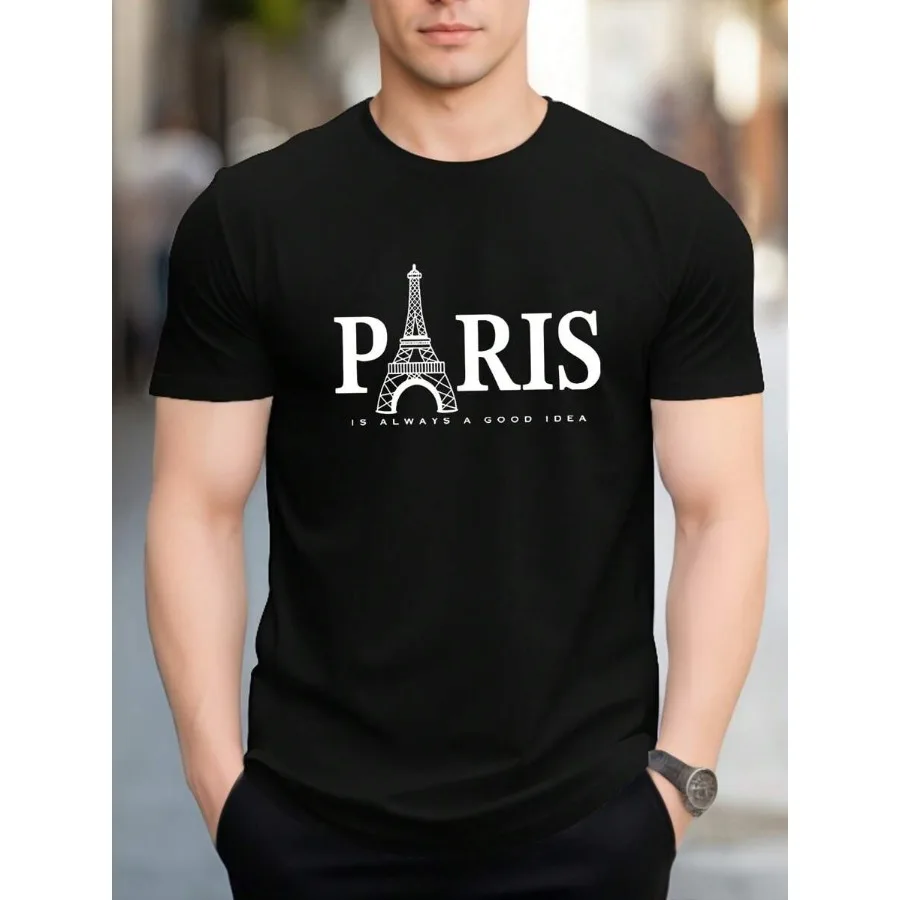 

【New style】Men's Casual Eiffel Tower and Letter Print Round Neck Short Sleeve T-Shirt Summer
