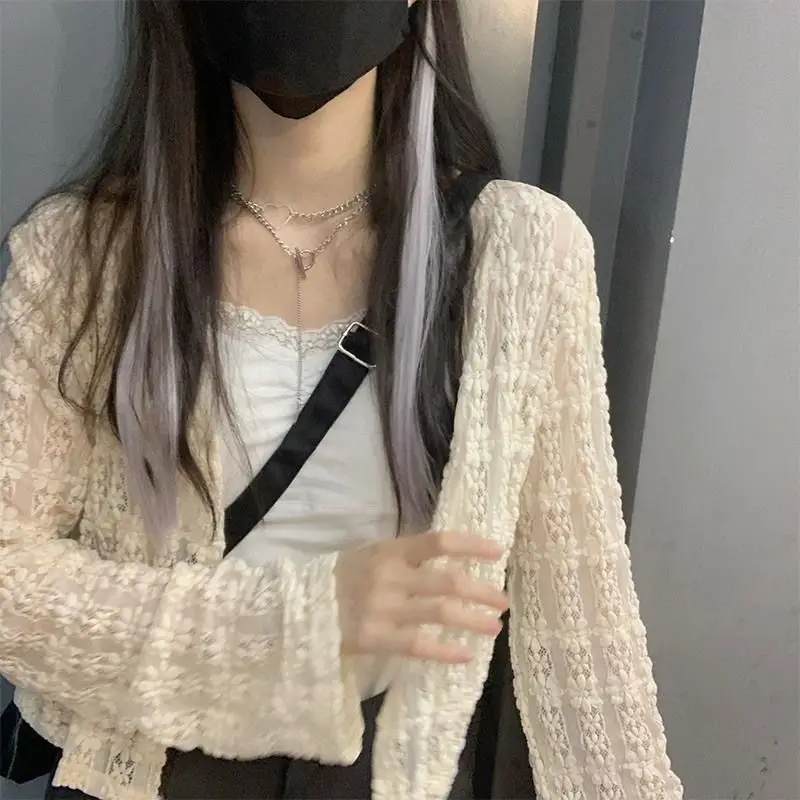 Summer Thin Cardigan Women V-neck Floral Hollow Out Lace Sweet Female Tops Long-sleeve Casual Cardigan Sunscreen Clothing women