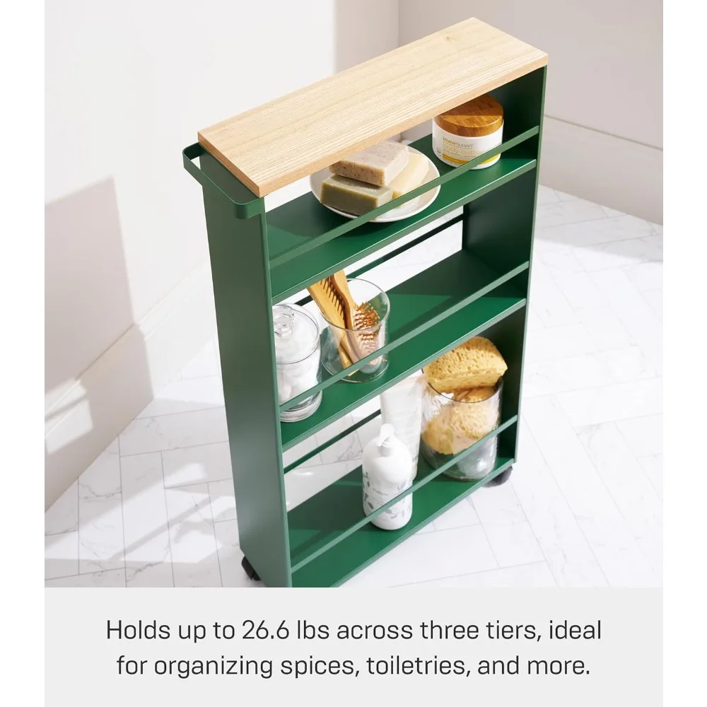 عربة أدوات دوارة من 3 طبقات موفرة للمساحة في المطبخ مع مقبض، فولاذ، أخضر غابة، تصميم نحيف للتخزين الفعال