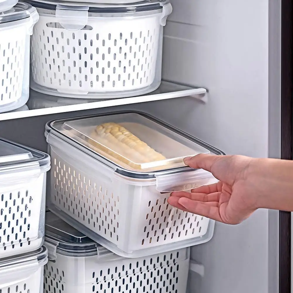 Refrigerator Storage Box Fresh Vegetable Fruit Boxes Fridge Organizer Drain Basket Storage Containers Pantry Kitchen Organizer