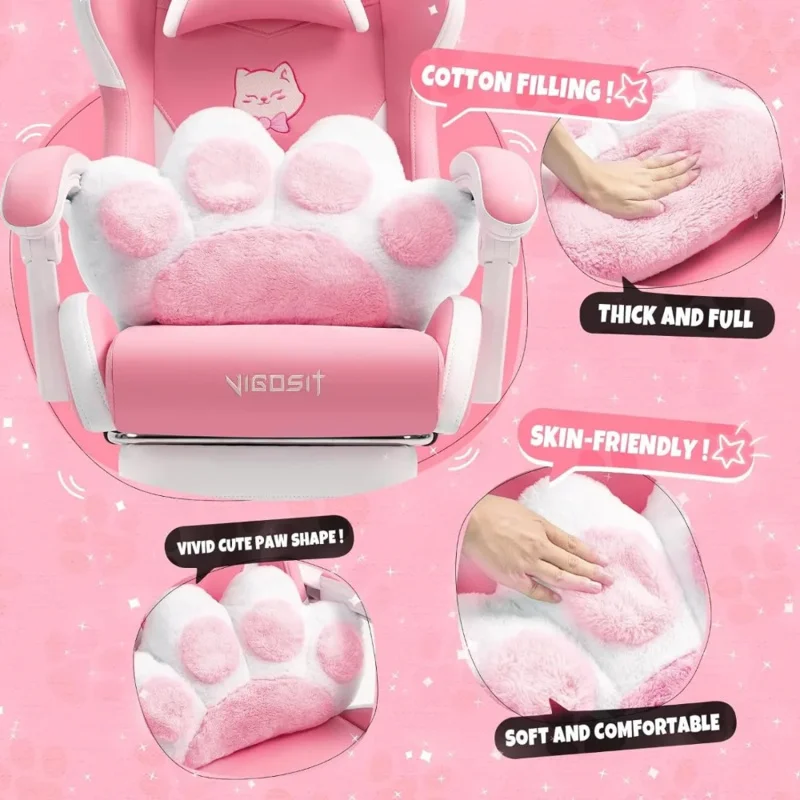 Silla de juegos rosa con cojín Lumbar y orejas de gato para niña y niño, sillón de ordenador reclinable para juegos de PC