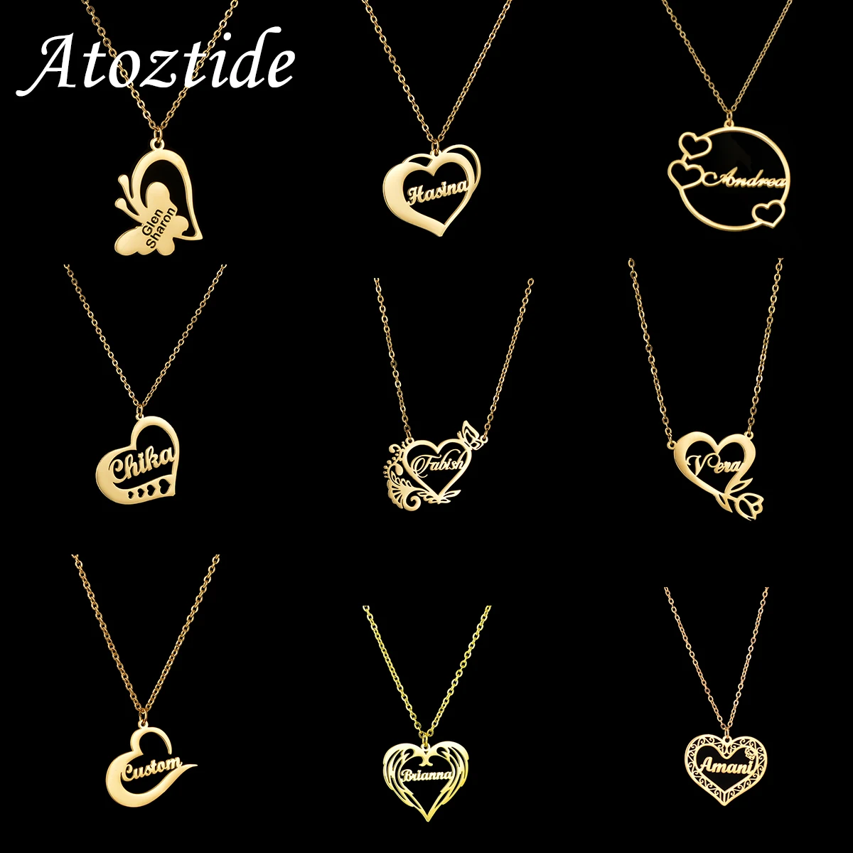 

Atoztide Personalized Custom Name Heart Pendant Necklaces for Women Stainless Steel Fashion Unisex Link Chain Jewelry Gifts