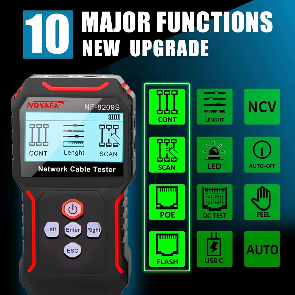 Noyafa NF-8209S Network Cable Tester LCD Display Cable Tracker Poe Checker Detect Length Measure Fault Distance Crimping Test