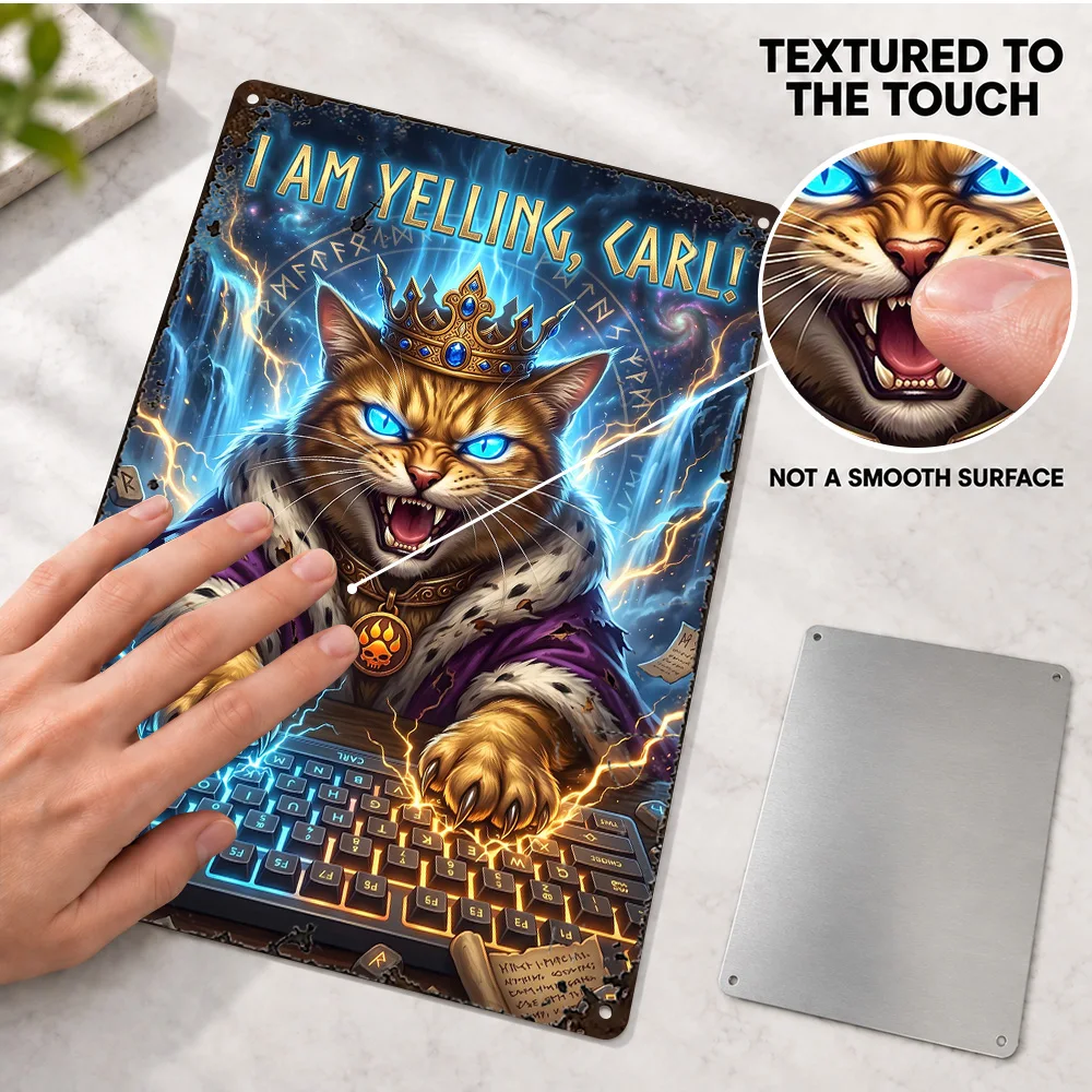 Angry King Cat Yelling At Keyboard Textured Metal Poster Customized Aluminum Sign Cartoon Illustration Wall Art For Home Office