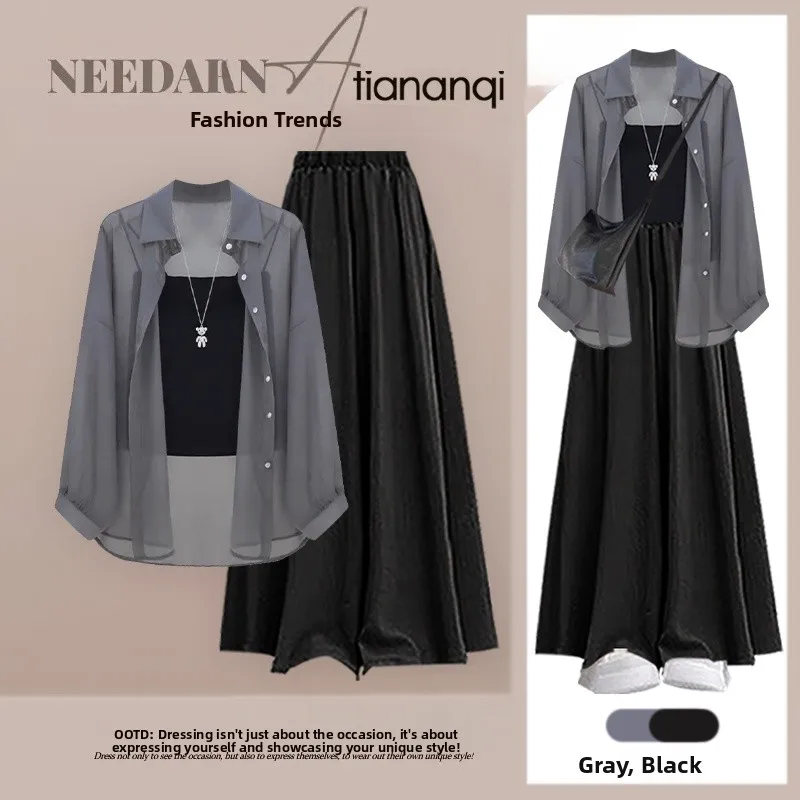 طقم ملابس نسائي صيفي 2025 مكون من ثلاث قطع، توب بأكمام قصيرة واسعة وعصري وبنطلون مكشكش، بتصميم كوري أنيق ومريح. #1