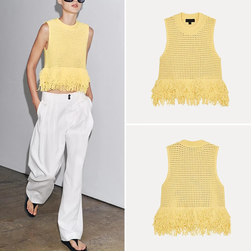 

2025 Summer New Women's Knitted Plaid Top Tassel Decorated Versatile Daily Wear Polyester Fiber Loose Fit ort Length