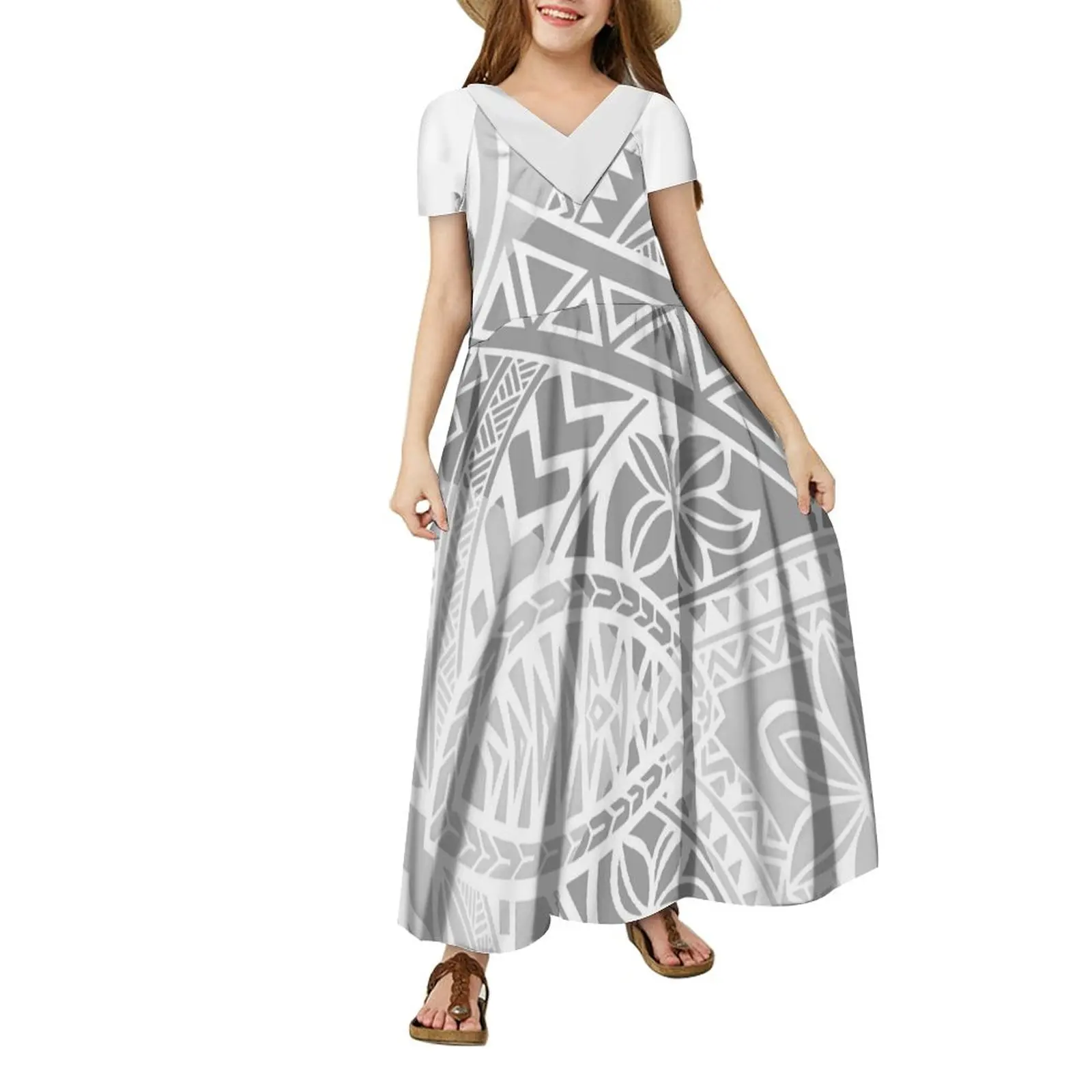 Children'S V-Neck Short Sleeve Printed Long Dress Hawaii Kids Casual Shirt Tribal Kids Shirts And Dresses With Sale