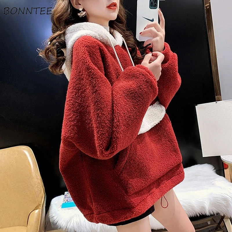 

Hoodies Women Cozy Loose Patchwork Kangaroo Pockets Designed Ulzzang Streetwear Simple Leisure Vintage Chic Korean Style Popular