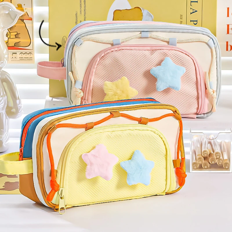 Estuche organizador portátil multicapa Kawaii para lápices, suministros de bolsa para bolígrafos con diseño de bloques de Color de gran capacidad, bonito bolso funcional