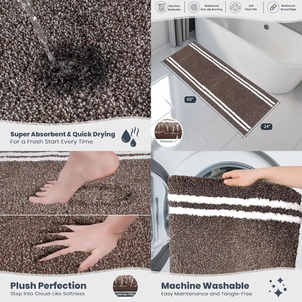 

24x60 Brown Shaggy Microfiber Bath Mat - Super Absorbent, Quick-Dry, Non-Slip Machine Washable Rug for Bathroom