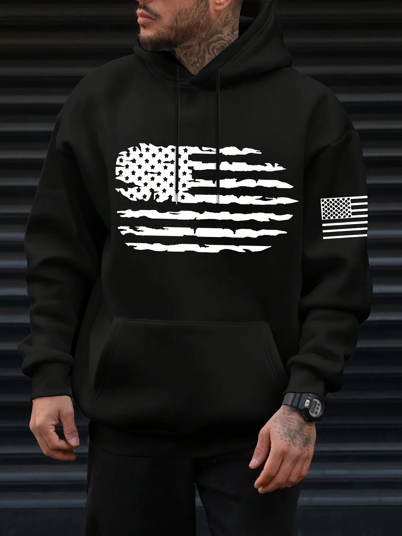 Men's Distressed American Flag Hoodie Black Streetwear Pullover Sweatshirt for Hip Hop and Sports Lovers Everywhere