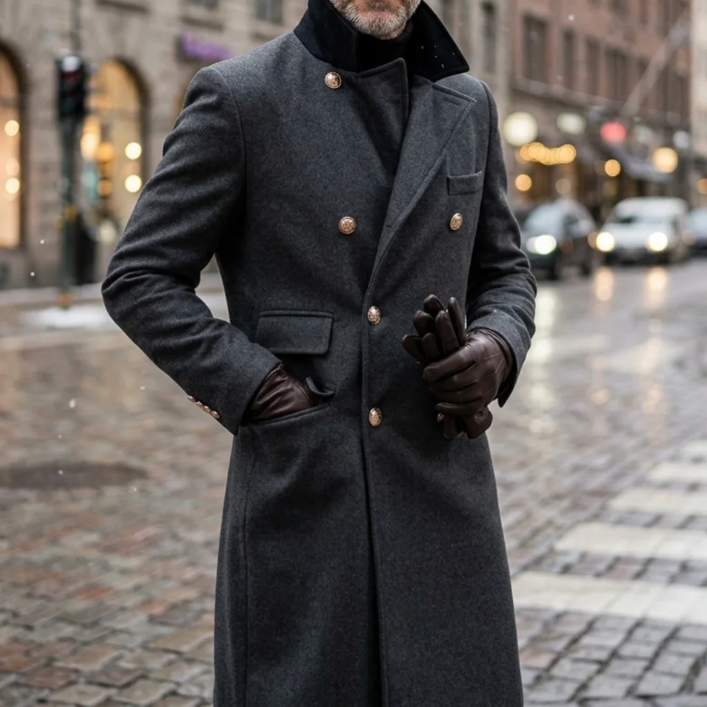 New Winter Men's Double-Breasted Trench Coat Contrast Colorblocked Casual/Streetwear Multi-Pocket Warm Windproof Jacket