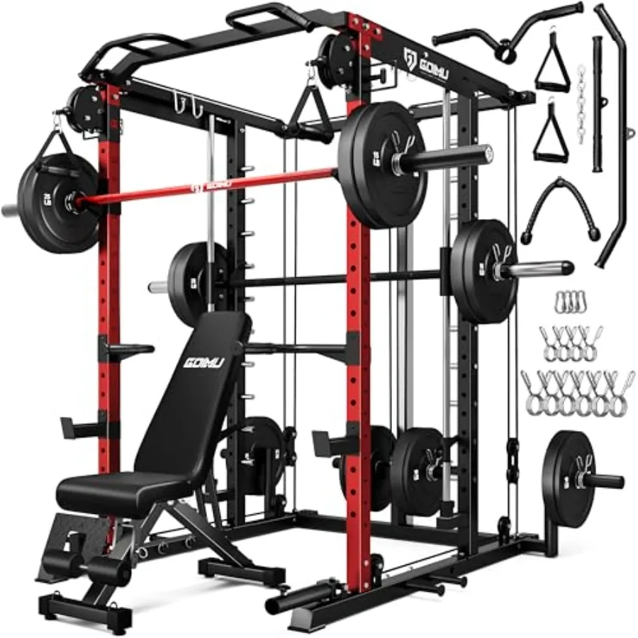 Home gym strength training equipment: steel, black, 2000LBS all-in-one squat rack with Smith bar and cable crossover system