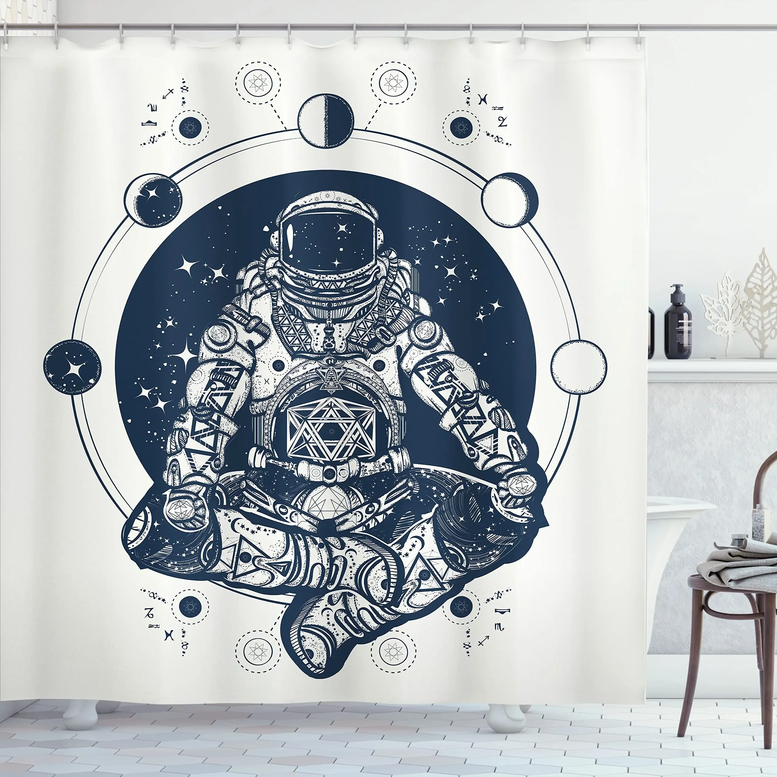 Tenda da doccia per astronauta spaziale, galassia colorata, pianeta, astronauta,