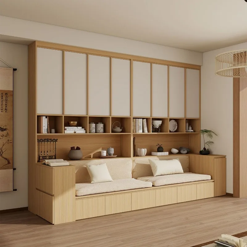 Full wall bookcase integrated whole wall living room solid wood custom card seat sofa multi-functional display storage