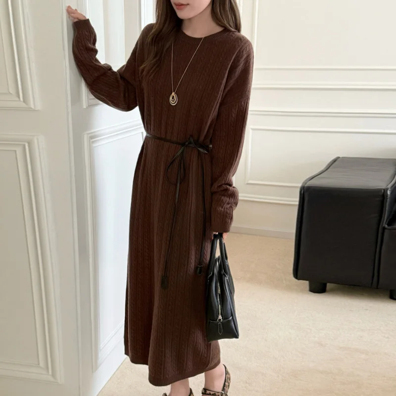 

New Women'S Fashion Lazy Style Round Neck Knit Over--Knee Full Wool Autumn Winter Long Base Shirt Inner Knitted Dress