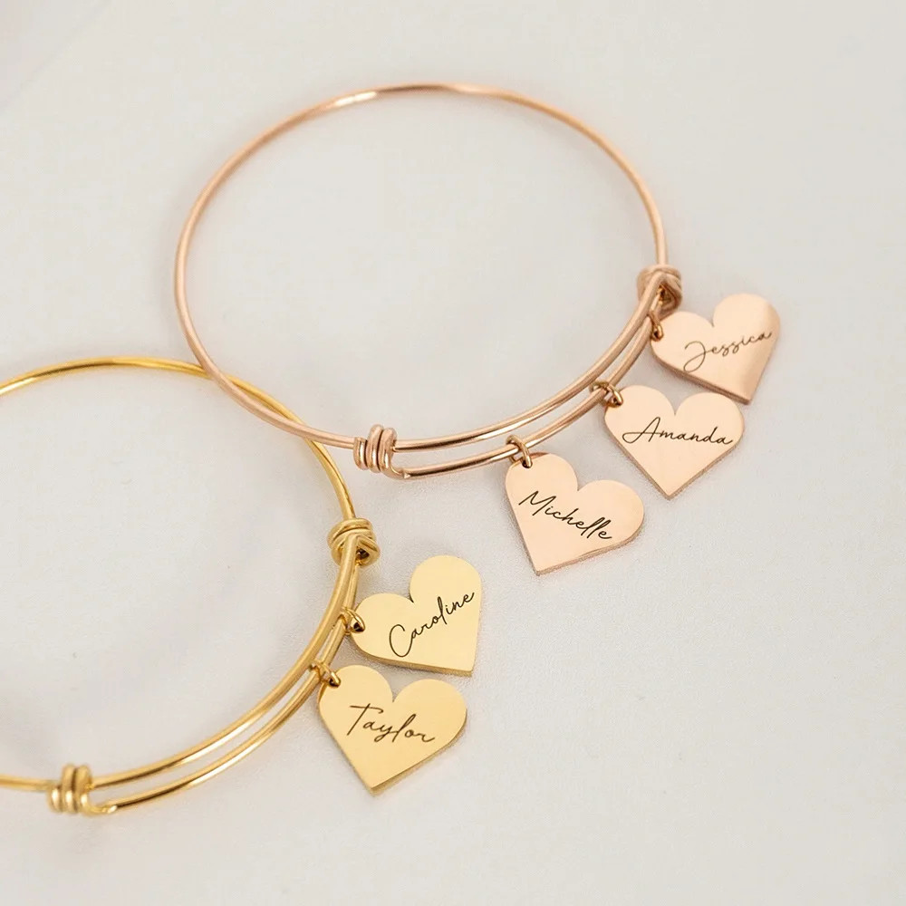 

DUOYING Custom Charms Bangles with Heart Pendant Personalized Adjustable Engraved Name Bracelet Stainless Steel Jewelry Gift