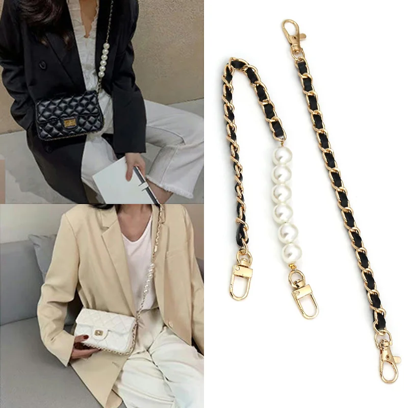 New Pearl & Metal Bag Strap Pu Leather Crossbody Bag Belts Diy Purse Replacement Handles Cute Bead Chain For Women Gold Clasp