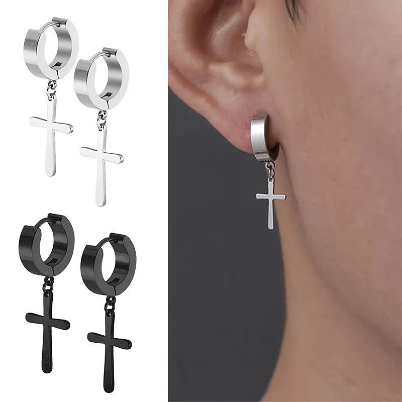 

2pc/set Fashion Simple Stainless Steel Cross Earrings For Men, Punk Hip Hop Earrings For Women Hiphop No ear hole Men Jewelry