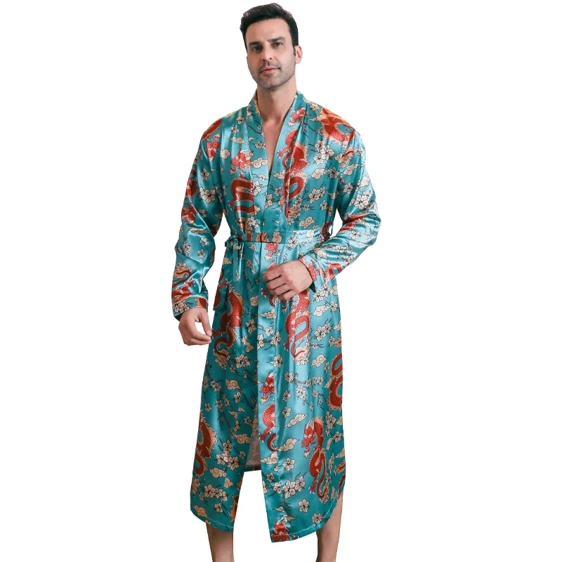 Ice silk pajama men\'s long sleeved thin plum blossom dragon pattern spring and autumn summer bathrobe home clothing sleepwear