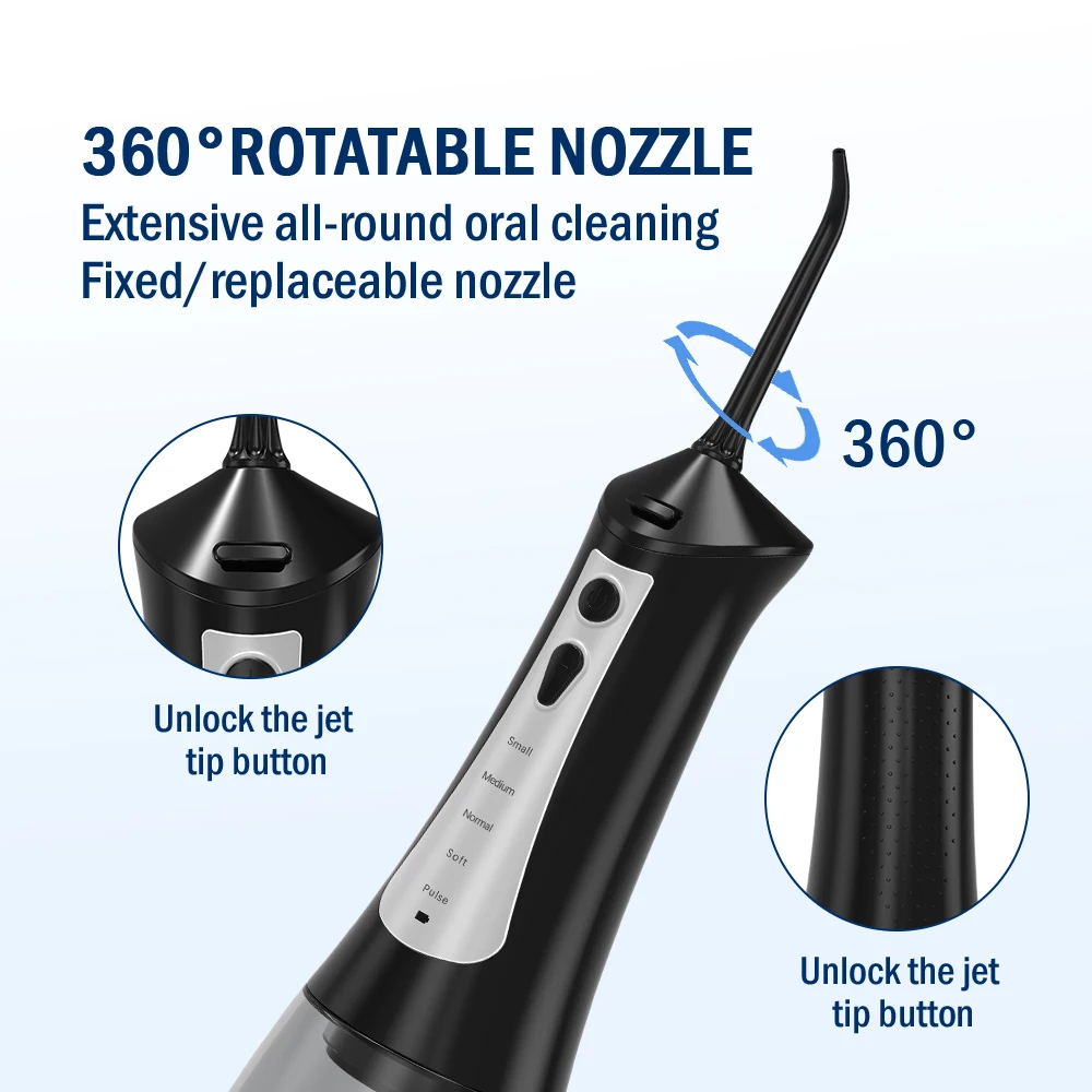 Fairywill Water Flosser 5 Mode Portabel Dapat Diisi Ulang Jet Air Gigi 6 Nozel Tahan Air 300ML Tangki Irigator Mulut untuk Gigi