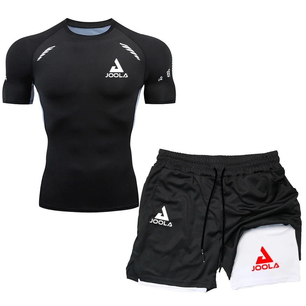 JOOLA Men's Compression Sportswear Set, Breathable Short Sleeve T-shirt + Double Layer Running Shorts, Quick Dry Gym Fitness Tra
