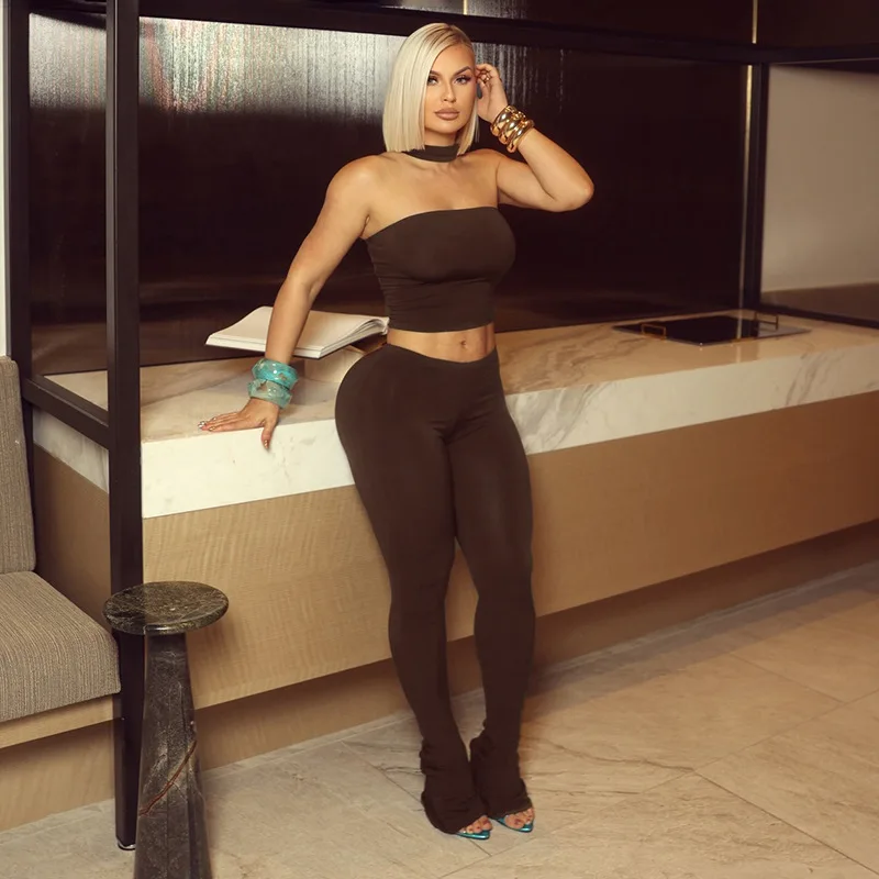 

D25ST541 Women's Cross-Border Top And Bottoms Set with Neck Hanging Strapless Crop Top And Flared Tight Leggings Two-Piece Set