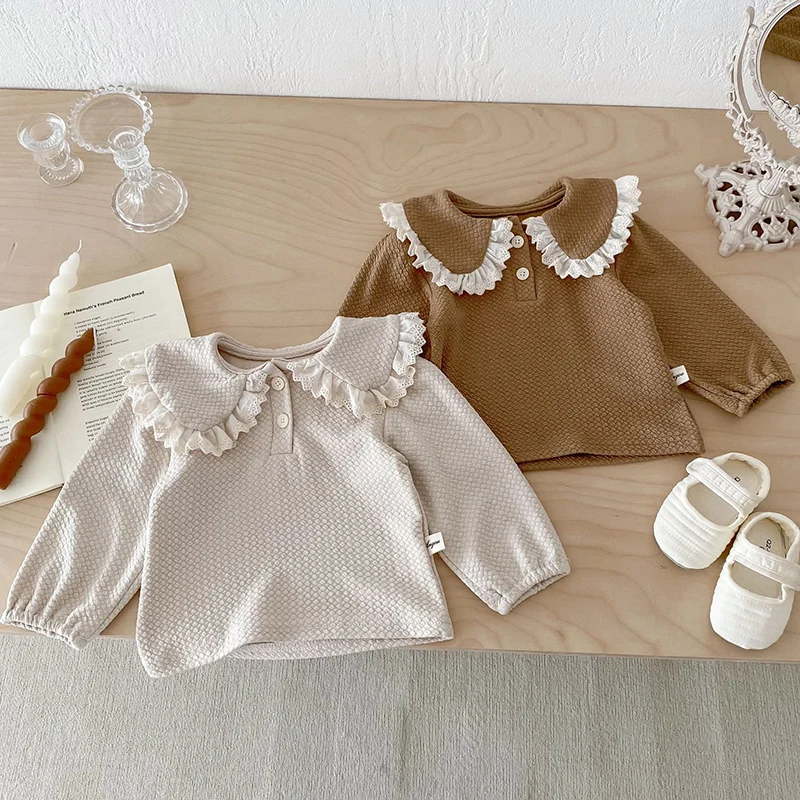 

Newborn Baby Girls T-shirt Clothes Toddler Long Sleeve Lace Lapel Korean Cotton Spring Autumn Tops Tees Kids Clothes 0-24M