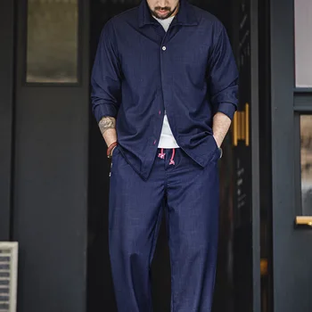 Maden-メンズ長袖シャツセット,ヴィンテージブルーパンツ,ストレートパンツ,カジュアル,ルーズフィット,ラージサイズ,春