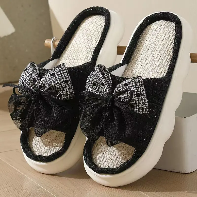 

Women's New Thick Sole Big Size Linen Slippers Four Seasons Open Toe Lovely Bow Soft Sole Lightweight Breathable Home Slippers