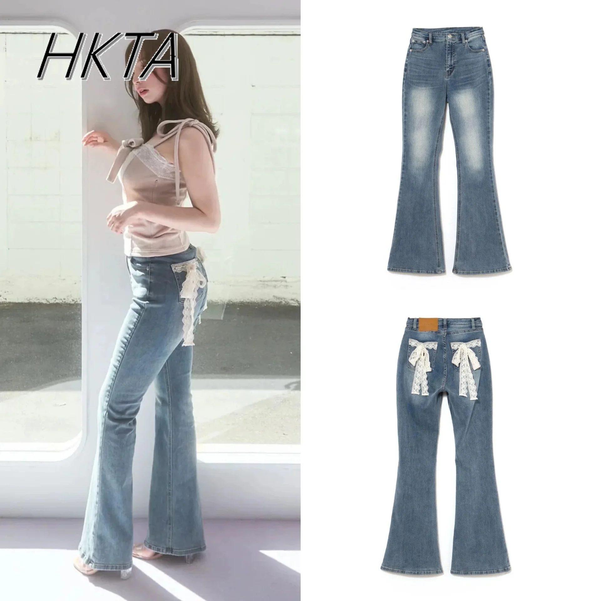 2023 frühling Sommer Japanische Nische Spitze Bogen Hohe Taille Jeans Frauen Blau Ausgestelltes Denim Hosen Vielseitige Elastische Lange Hosen Mädchen