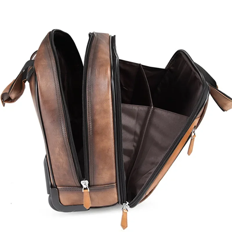 Retro genuine leather men trolley case business wheel suitcase bag cowhide first layer of travel handbag man luggage laptop bags