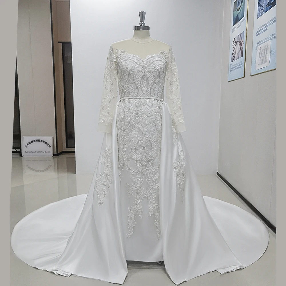 Elegant White O Neck Long Sleeves A-line Evening Dress With Detachable Train Fashion Floor Length Party Prom Ball Gowns