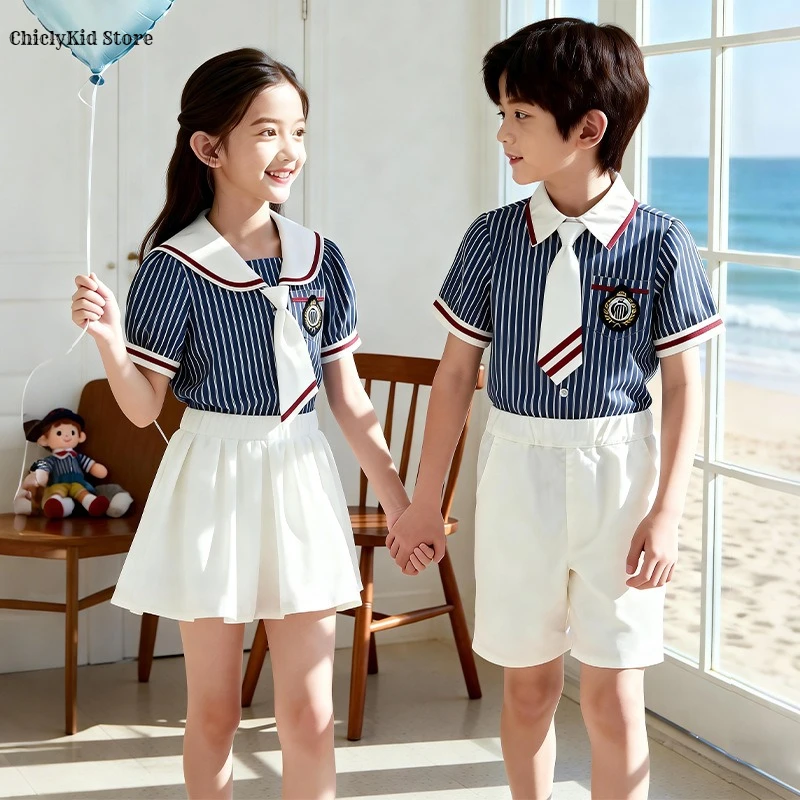 

Girls Short Sleeve Blouse Skirt Boys British Shirt Shorts Children Kindergarten Students Summer Clothes Sets Kids School Uniform