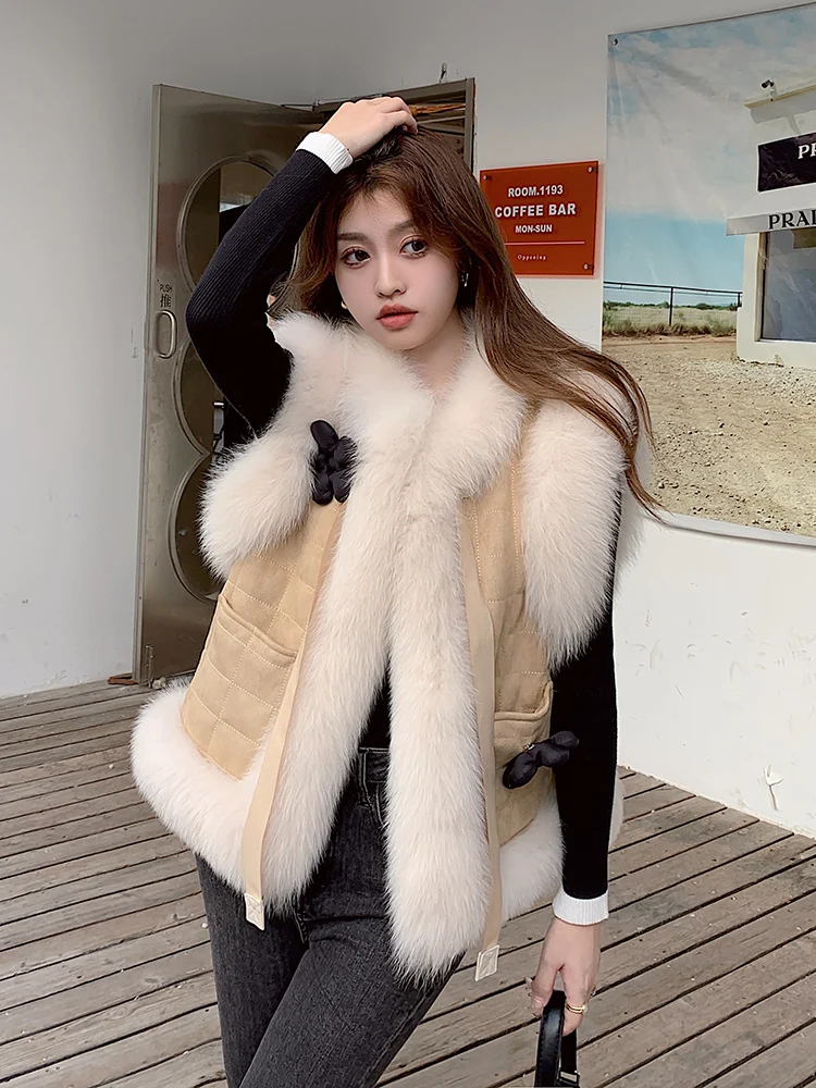 Women Winter 3D Flowers Decor Imitation Fox Fur Vest Sweet Furry Sleeveless Jacket Waistcoat Cotton Padded Tank Parka Tops 2022
