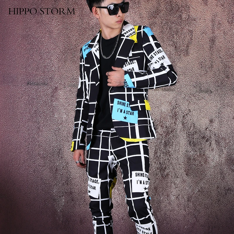 New Men's Fashion Line Printing Blazer Trend Nightclub Male Singer Performance Costume Magician Slim Male Personality Suits Coat