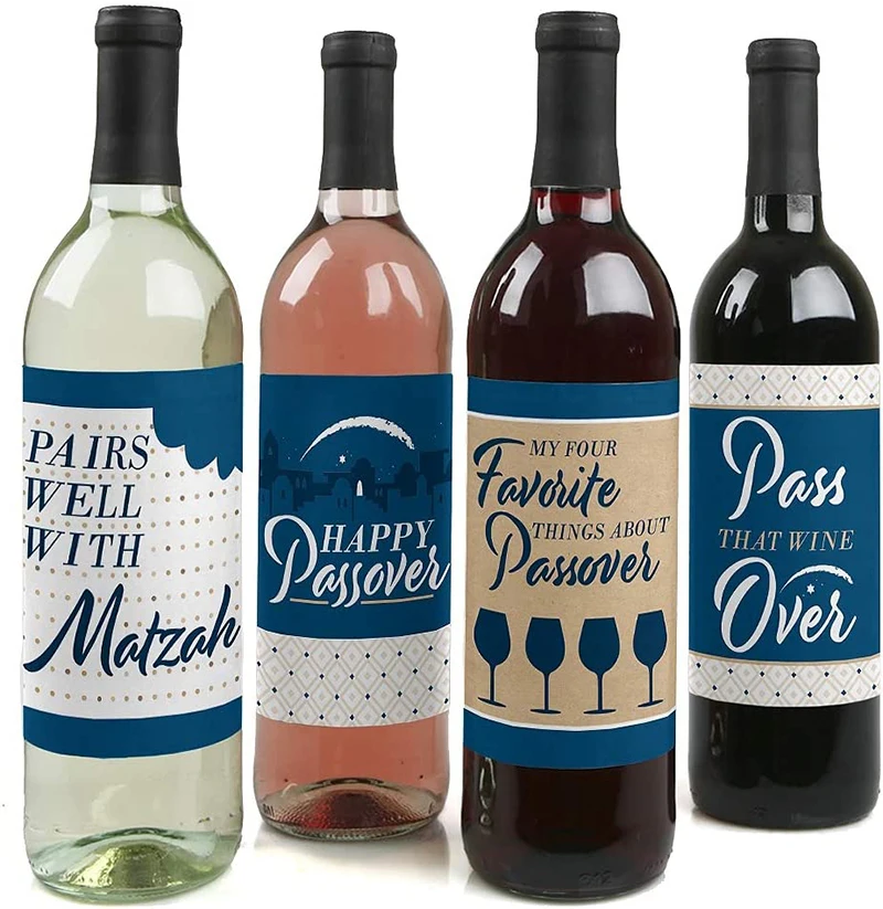 Happy Passover - Pesach Jewish Holiday Party Decorations for Women and Men - Wine Bottle Label Stickers