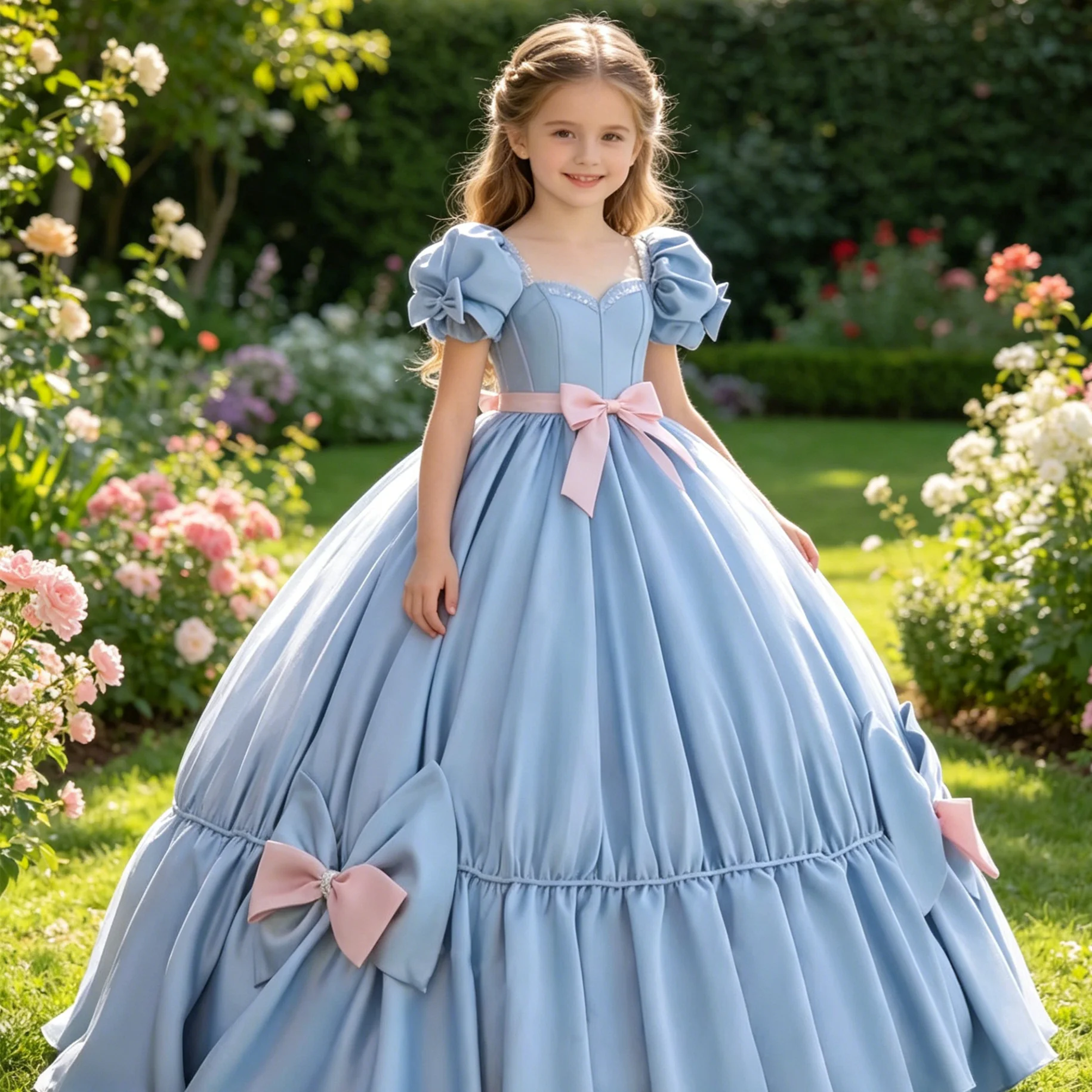 robe-de-demoiselle-d'honneur-bleue-personnalisee-pour-mariage-avec-nœud-manches-courtes-longueur-au-sol-elegante-pour-fete-d'anniversaire-d'enfants-robe-de-premiere-communion