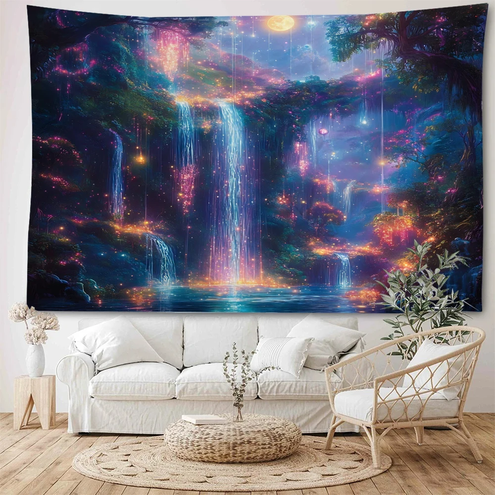 Dreamy neon valley scenery, small river flowing waterfall, beautiful scenery decoration, tapestry, home decoration