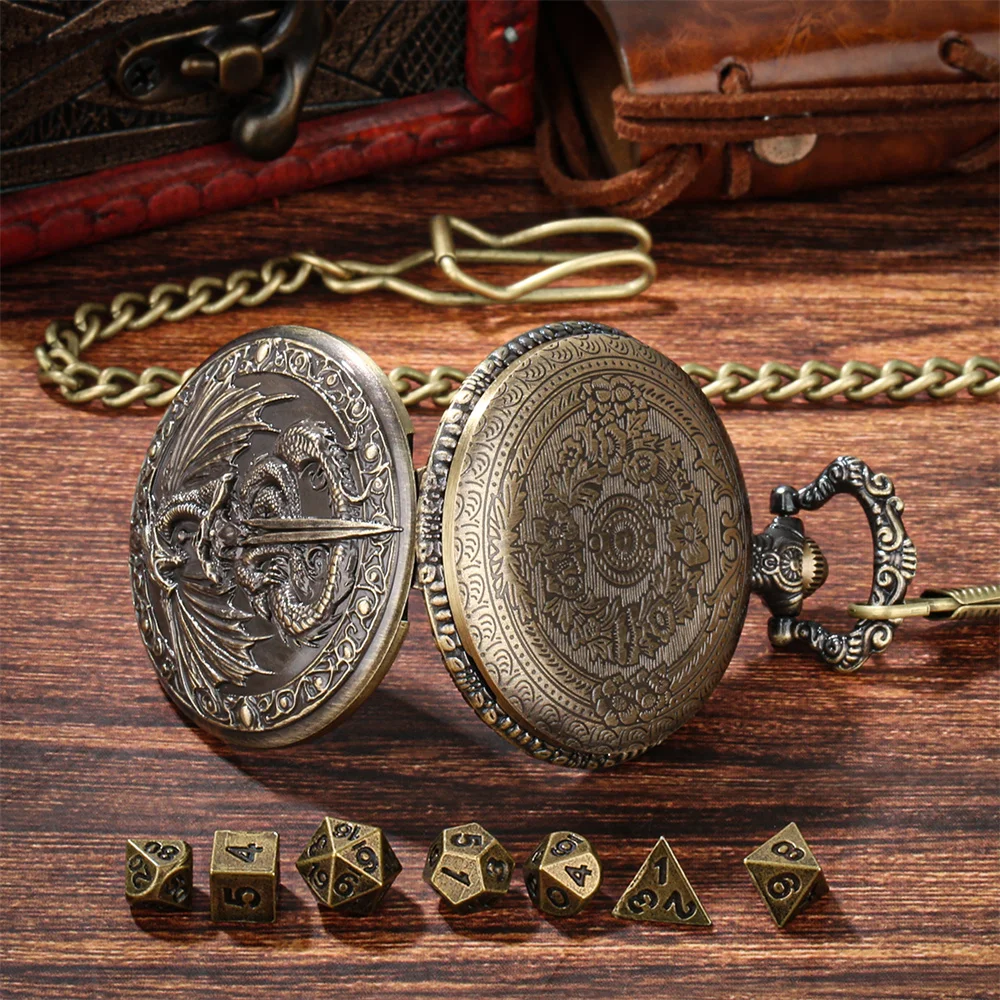Bronze/Grey Black Sword Dragon Pocket Watch Case Mini Dice Set Entertainment Game Dice Novel Retro Gift for Dices Lovers - view 5