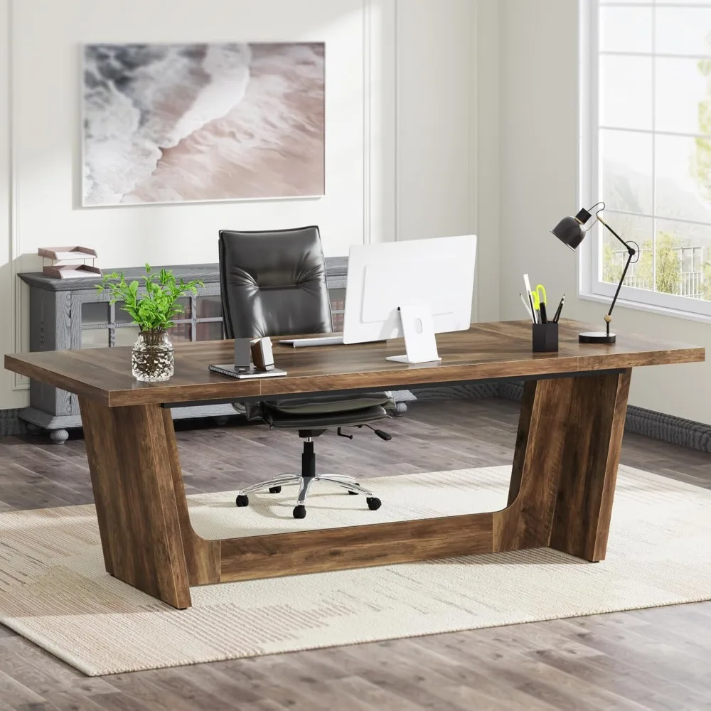 

Large Home Office Desk with Solid Wooden Pedestal, Industrial Wood Study Writing Table