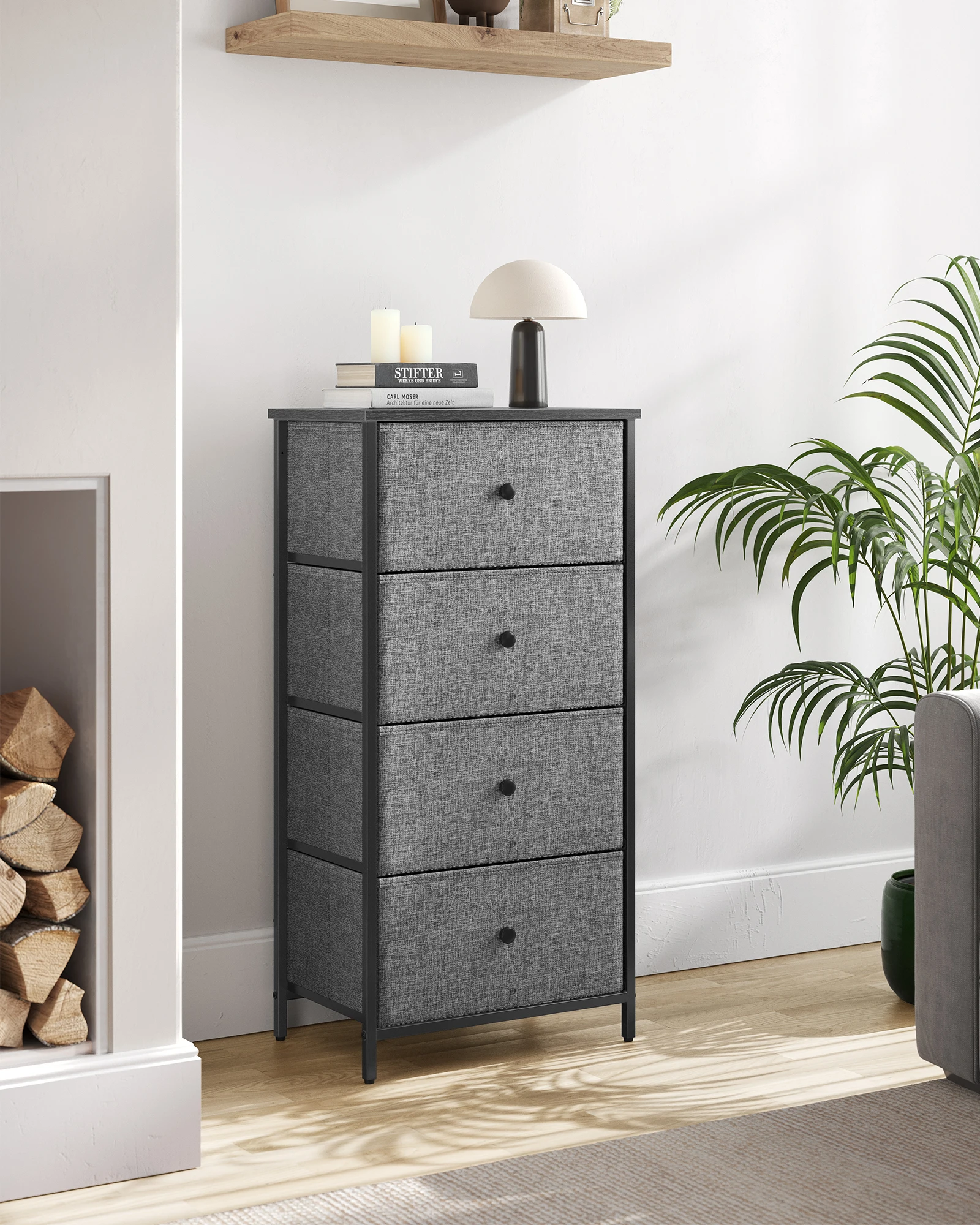 SONGMICS Chest of Drawers Bedroom, Drawer Storage Unit, Dresser with 4 Fabric Drawers, Metal Frame, Tall and Slim, for Closet